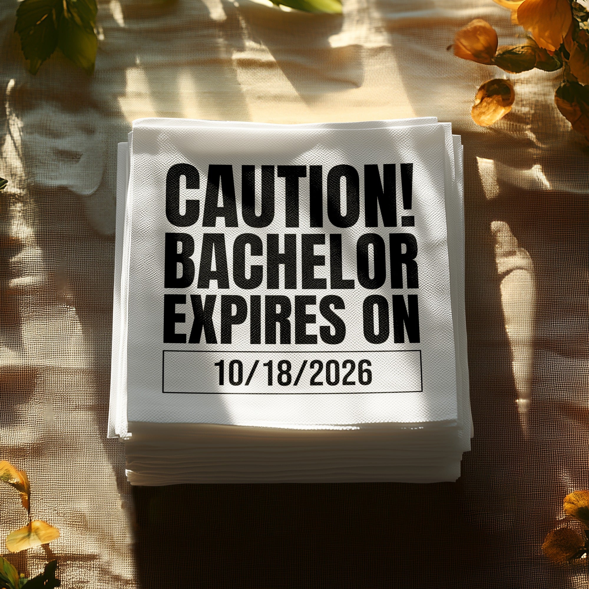 Personalized Bachelor Napkins – Caution! Bachelor Expires – Custom Party Napkins with Date