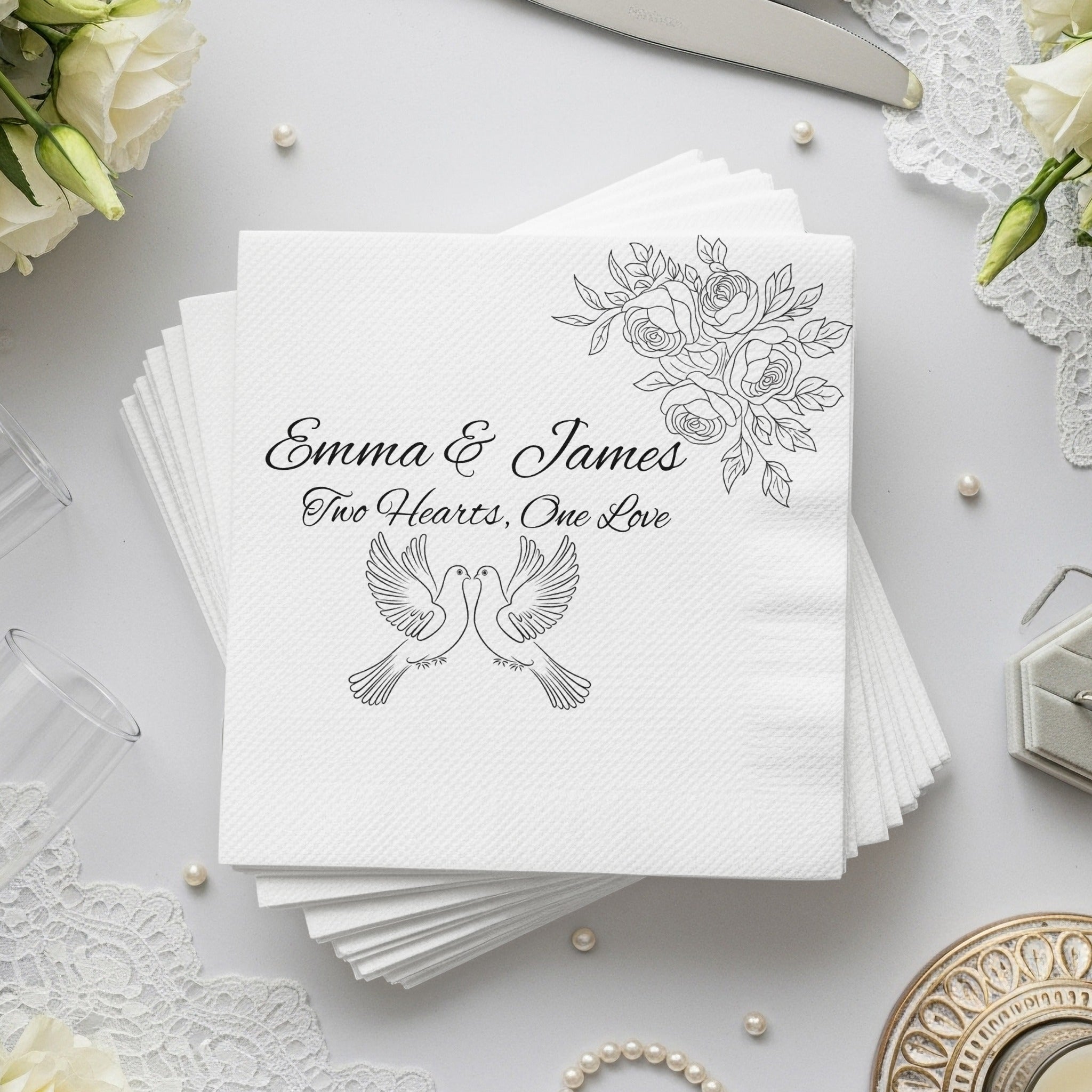 Personalized Wedding Napkins – Love Doves & Roses – Custom Wedding Napkin with Romantic Dove Illustration – Symbol of Unity
