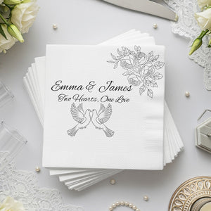 Personalized Wedding Napkins – Love Doves & Roses – Custom Wedding Napkin with Romantic Dove Illustration – Symbol of Unity