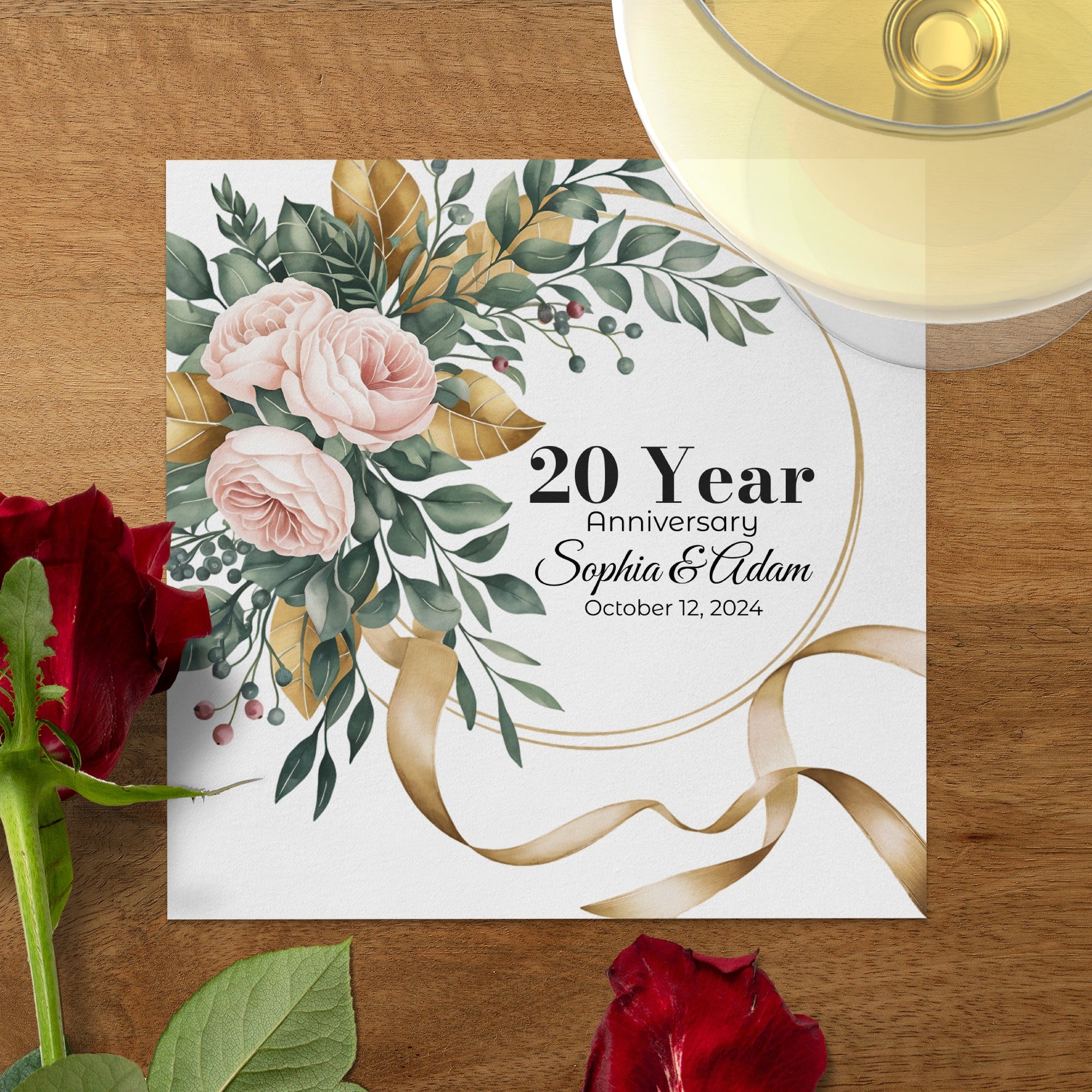 Personalized Floral Napkins – Elegant Wreath Design – Custom Anniversary Napkin with Name & Years