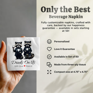 Tuxedo Raccoon Napkin, Funny Raccoon Napkin, Drinks On Us Napkin, Cute Animal Napkin, Party Napkin, Host Gift, Wedding Napkin