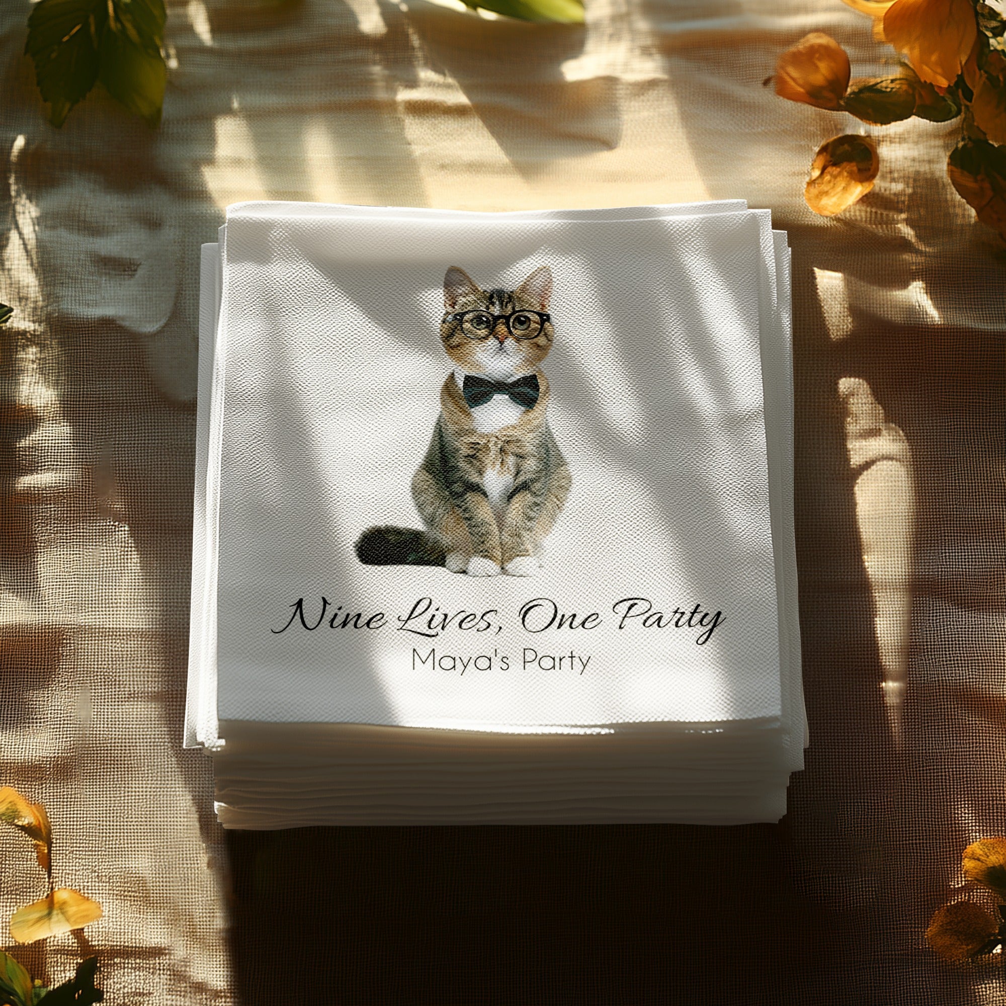 Nine Lives One Party Napkin, Cat Lover Napkin, Pet Party Napkin, Funny Napkin, Maya's Party, Cute Party Napkin, Cat in Bow Tie Napkin