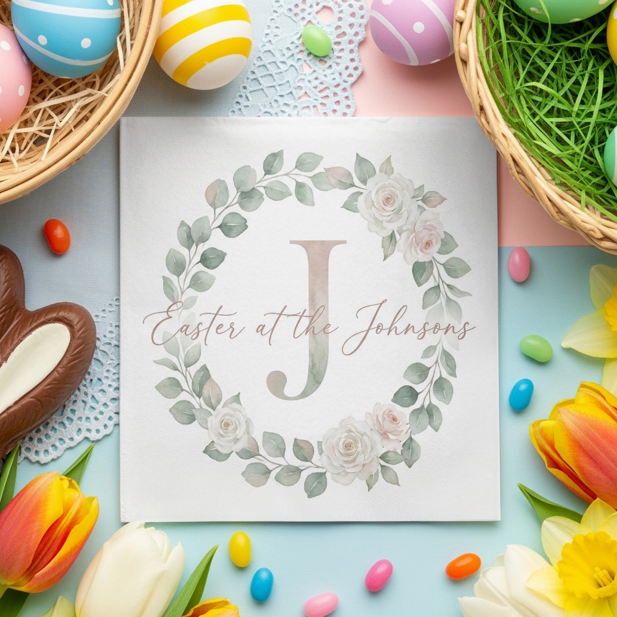 Personalized Easter Beverage Napkins – Monogram Wreath