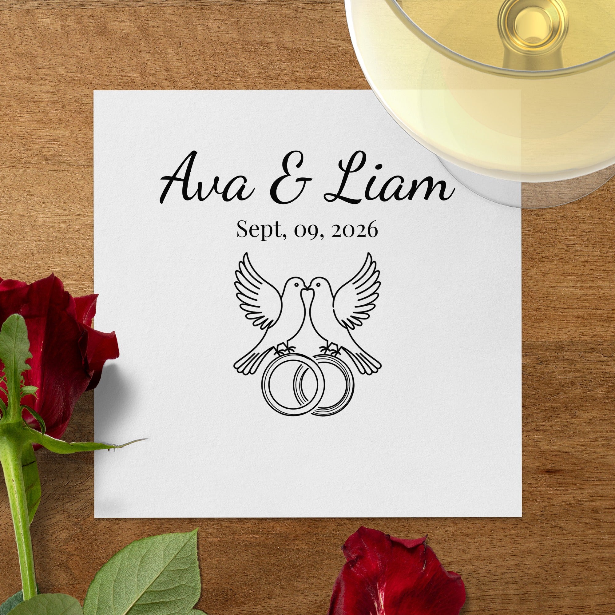 Personalized Wedding Napkins – Love Birds & Rings – Custom Wedding Napkin with Doves and Rings – Symbol of Commitment