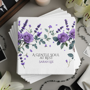 Personalized Memorial Napkins – A Gentle Soul at Rest – Custom Funeral Name & Years Napkin with Purple Rose & Lavender Floral Design