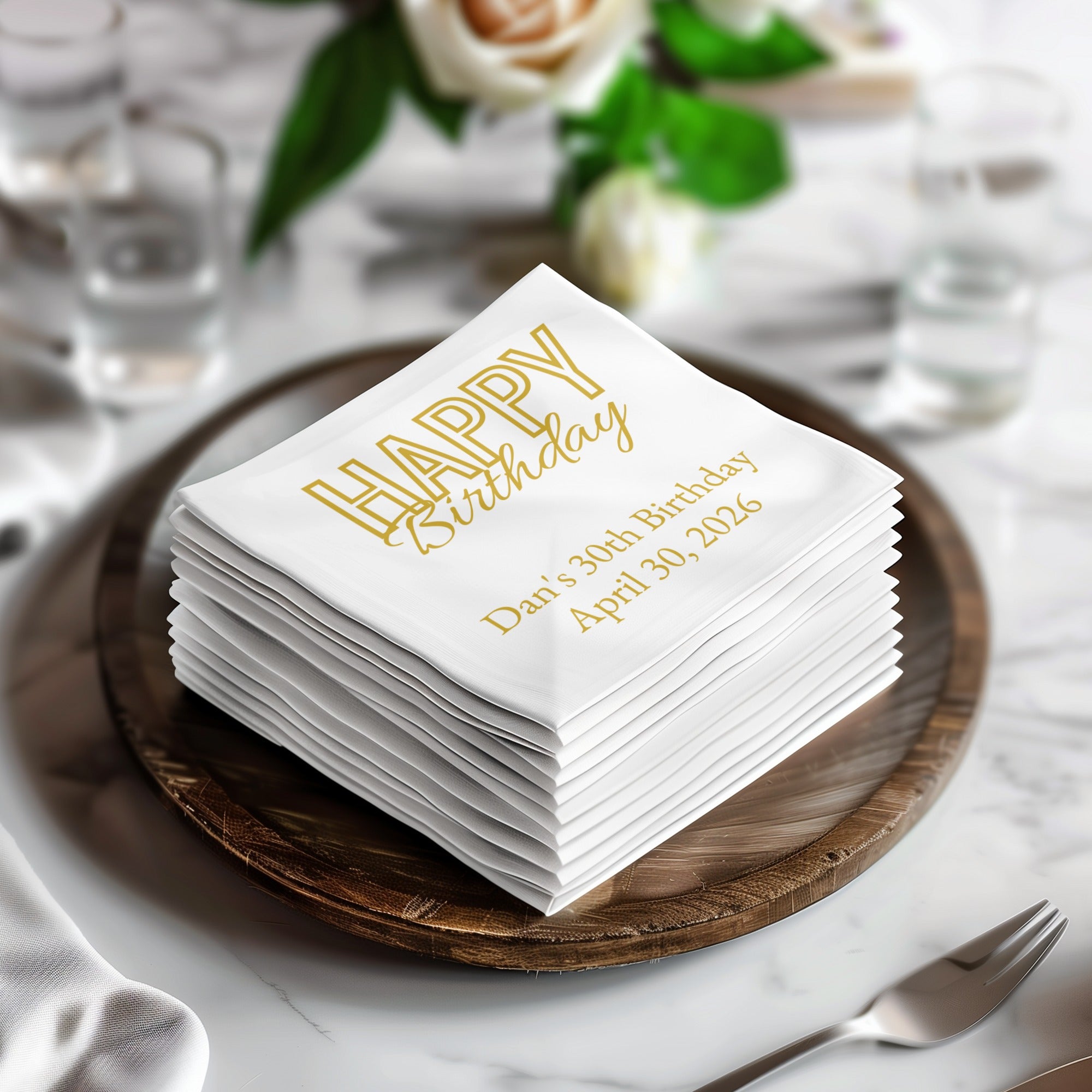 Custom Birthday Napkins – Personalized Happy Birthday Napkin with Name & Date – Elegant Gold Script Party Décor