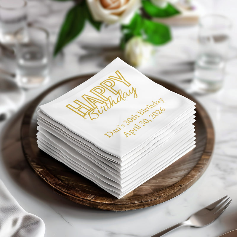 Custom Birthday Napkins – Personalized Happy Birthday Napkin with Name & Date – Elegant Gold Script Party Décor