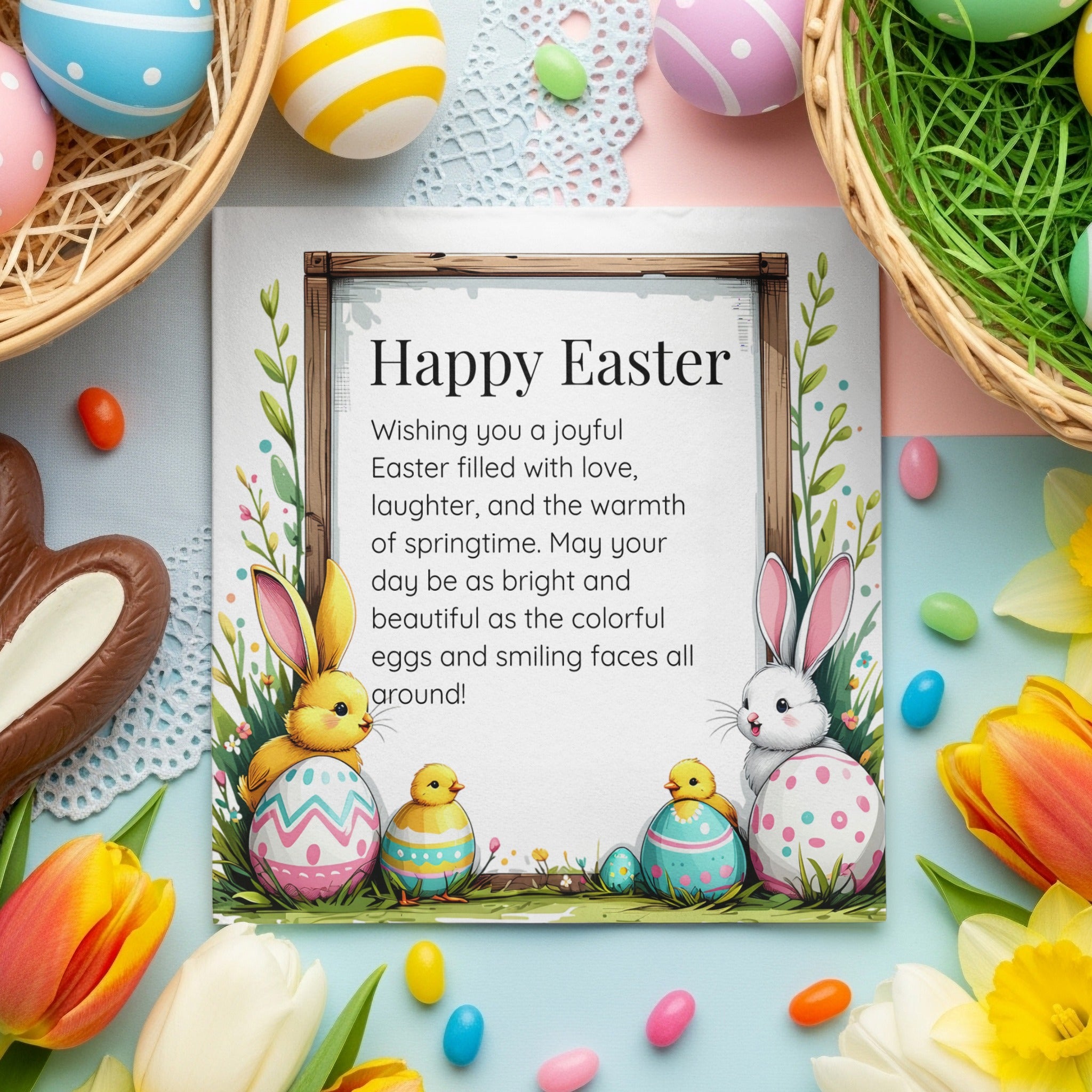 Happy Easter Custom Napkins – Bunny, Eggs & Spring Flowers – Personalized Holiday Napkin