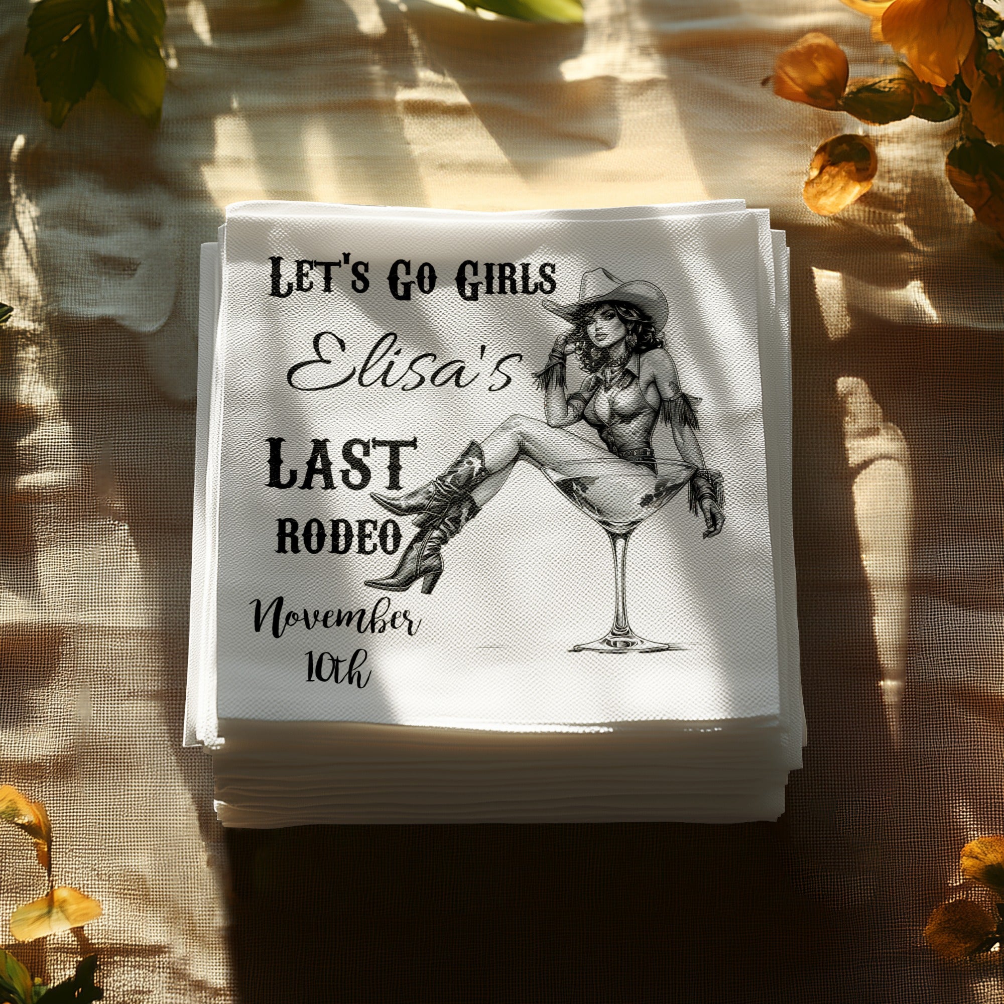 Personalized Bachelorette Napkins – Let’s Go Girls Rodeo – Custom Last Rodeo Party Napkins with Name & Date – Featuring Cowgirl Cocktail Design