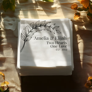 Personalized Wedding Napkins – Two Hearts One Love – Custom Wedding Napkin with Leaf Branch Design – Elegant Black & White Style