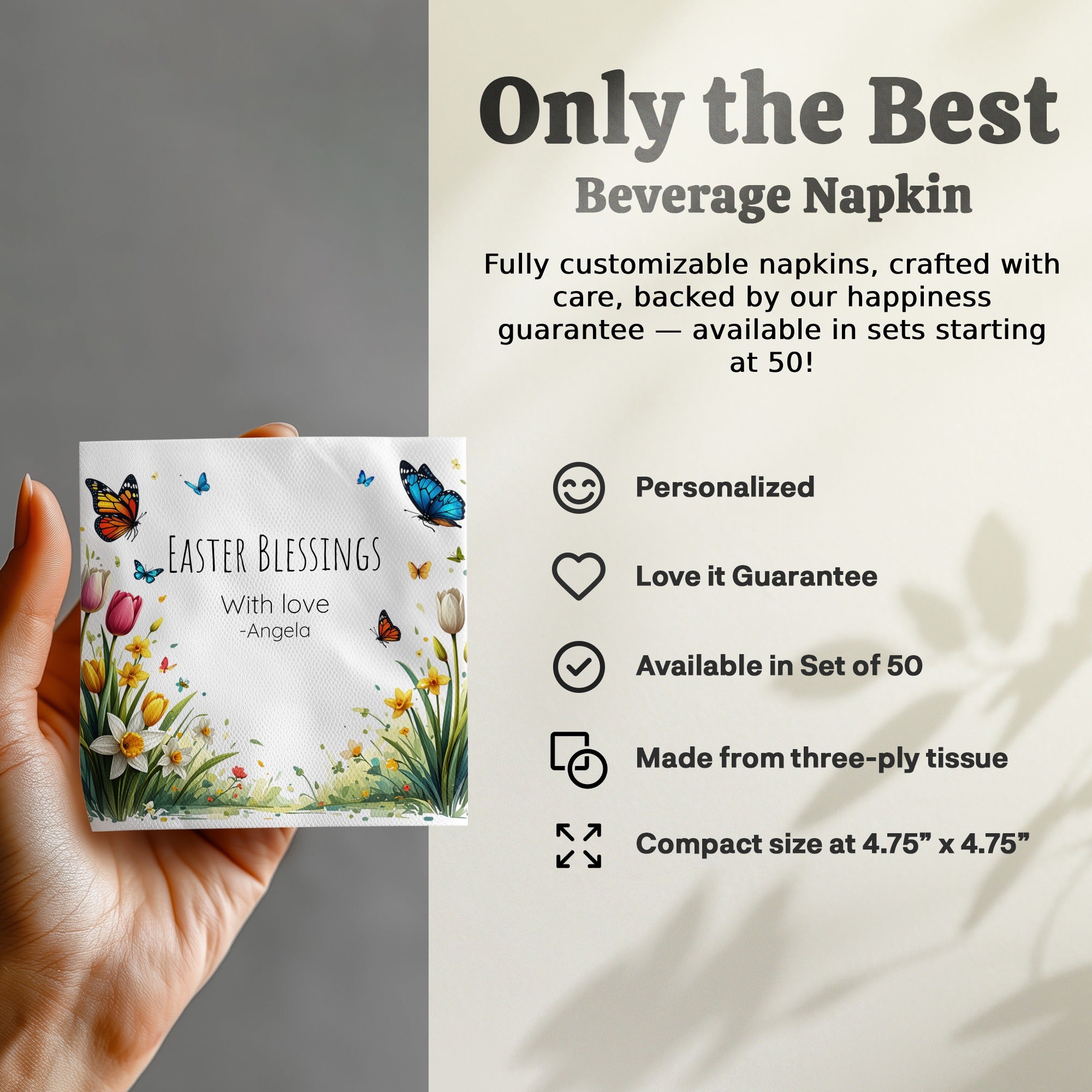 Easter Blessings Custom Napkins – Spring Tulips & Butterflies – Personalized Holiday Napkin with Name