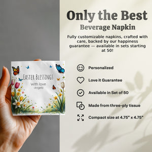 Easter Blessings Custom Napkins – Spring Tulips & Butterflies – Personalized Holiday Napkin with Name