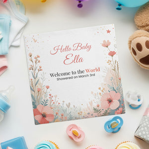 Personalized Baby Shower Napkins – Hello Baby – Custom Baby Shower Napkin with Pastel Floral Border – Keepsake Date Line