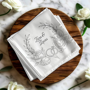 Personalized Wedding Napkins – Floral Ring Wreath – Custom Wedding Napkin with Roses & Rings – Romantic Botanical Style