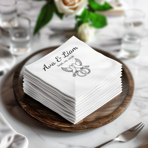 Personalized Wedding Napkins – Love Birds & Rings – Custom Wedding Napkin with Doves and Rings – Symbol of Commitment