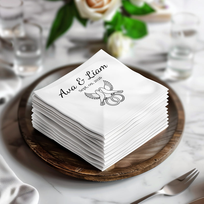 Personalized Wedding Napkins – Love Birds & Rings – Custom Wedding Napkin with Doves and Rings – Symbol of Commitment