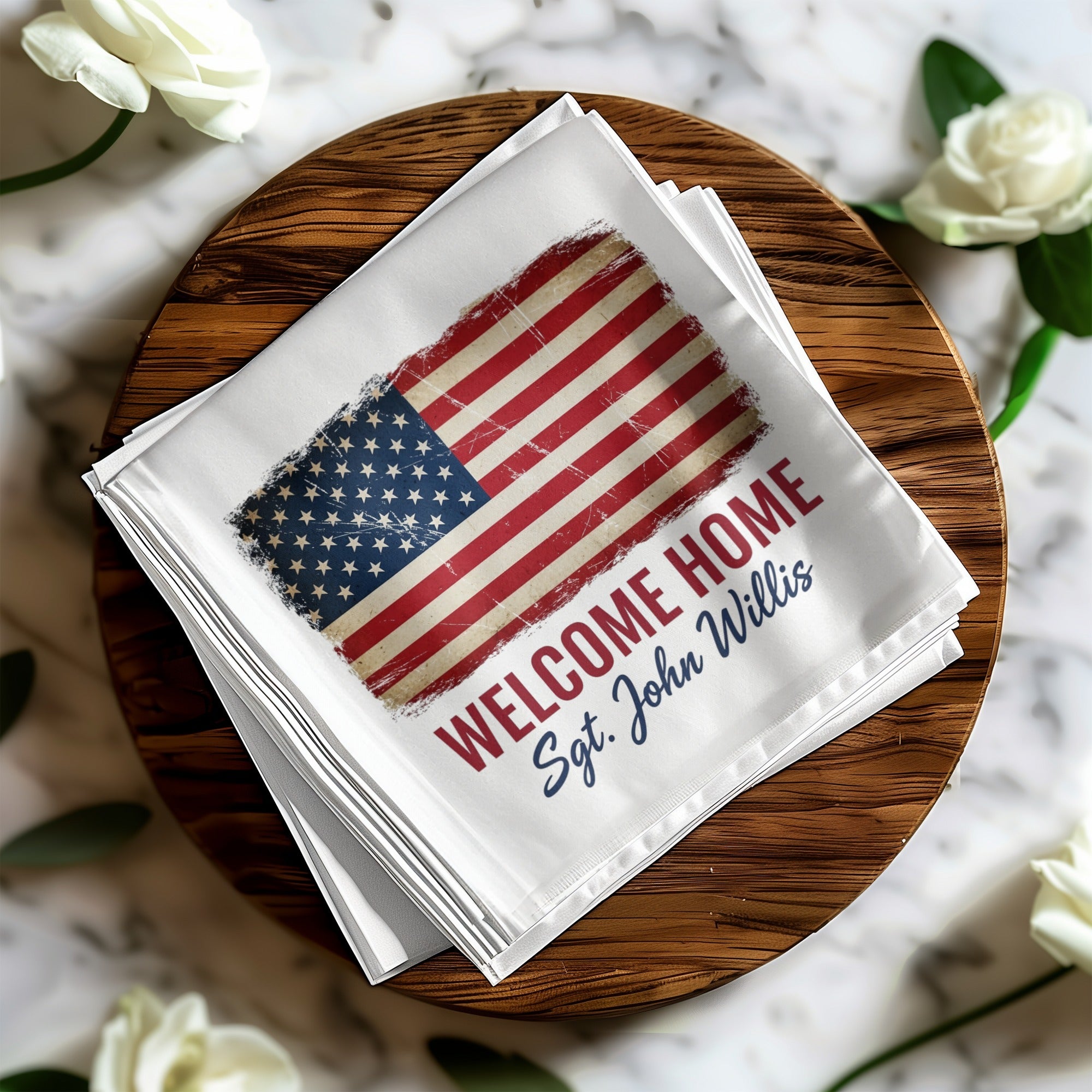 Welcome Home Napkin, American Flag Napkin, Sgt John Willis Napkin, Patriotic Napkin, Military Napkin, Personalized Napkin