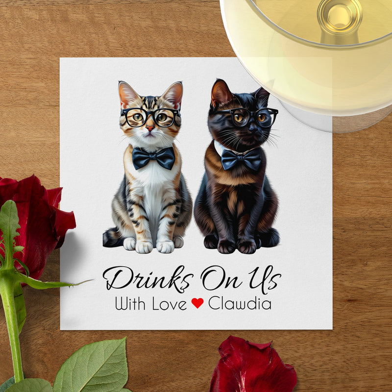 Cats Napkin, Funny Cat Napkins, Party Napkins, Drinks On Us Napkin, Pet Lover Gift, Cat with Bow Tie, Cute Cat Napkins