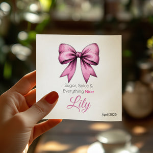 Personalized Baby Shower Napkins – Pink Bow – Sugar, Spice & Everything Nice – Custom Baby Shower Napkin with Satin Bow Artwork