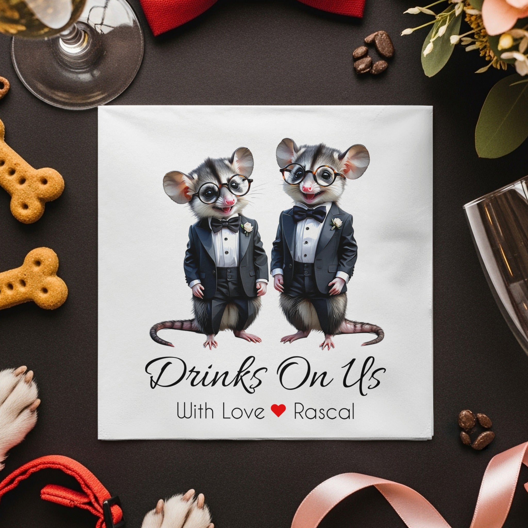Rascal Napkin, Opossum Napkin, Drinks On Us, Tuxedo Napkin, Animal Napkin, Funny Napkin, Party Napkin, Hostess Napkin, Cocktail Napkin
