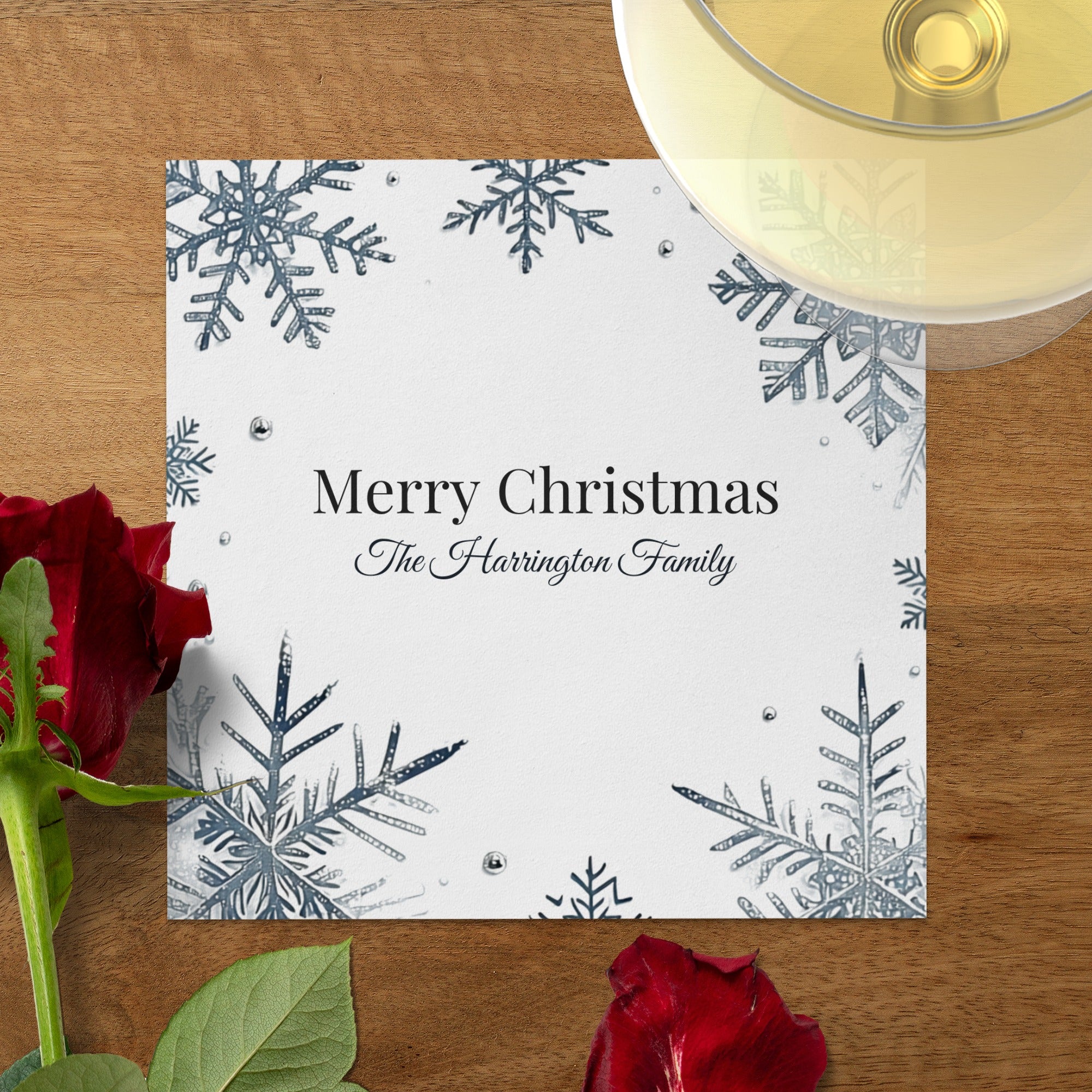 Personalized Christmas Napkins – Custom Holiday Beverage Napkin with Family Name – Elegant Snowflake Design