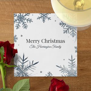 Personalized Christmas Napkins – Custom Holiday Beverage Napkin with Family Name – Elegant Snowflake Design
