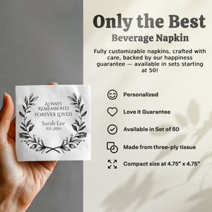 Personalized Memorial Napkins – Always Remembered, Forever Loved – Custom Funeral Napkin with Name & Years