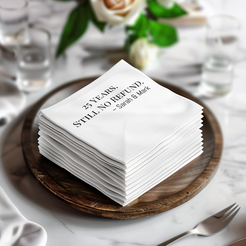 Personalized Anniversary Napkins – Funny Still No Refund Design – Custom Napkin with Name & Years