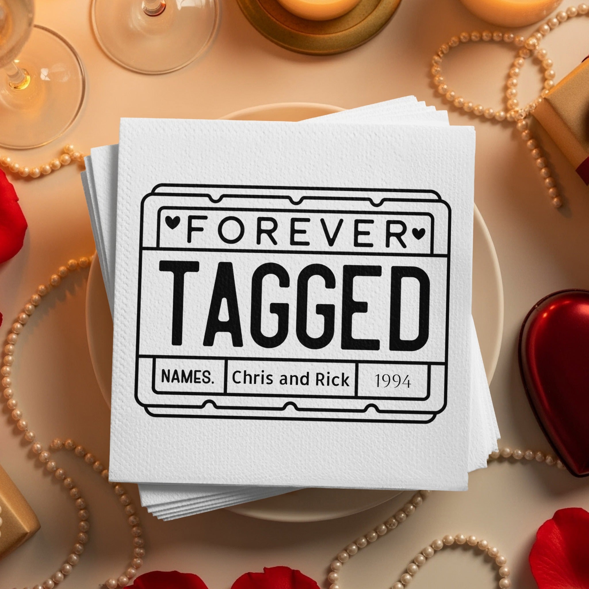 Personalized License Plate Napkins – Playful Anniversary Keepsake – Custom Romantic Napkin with Name & Years