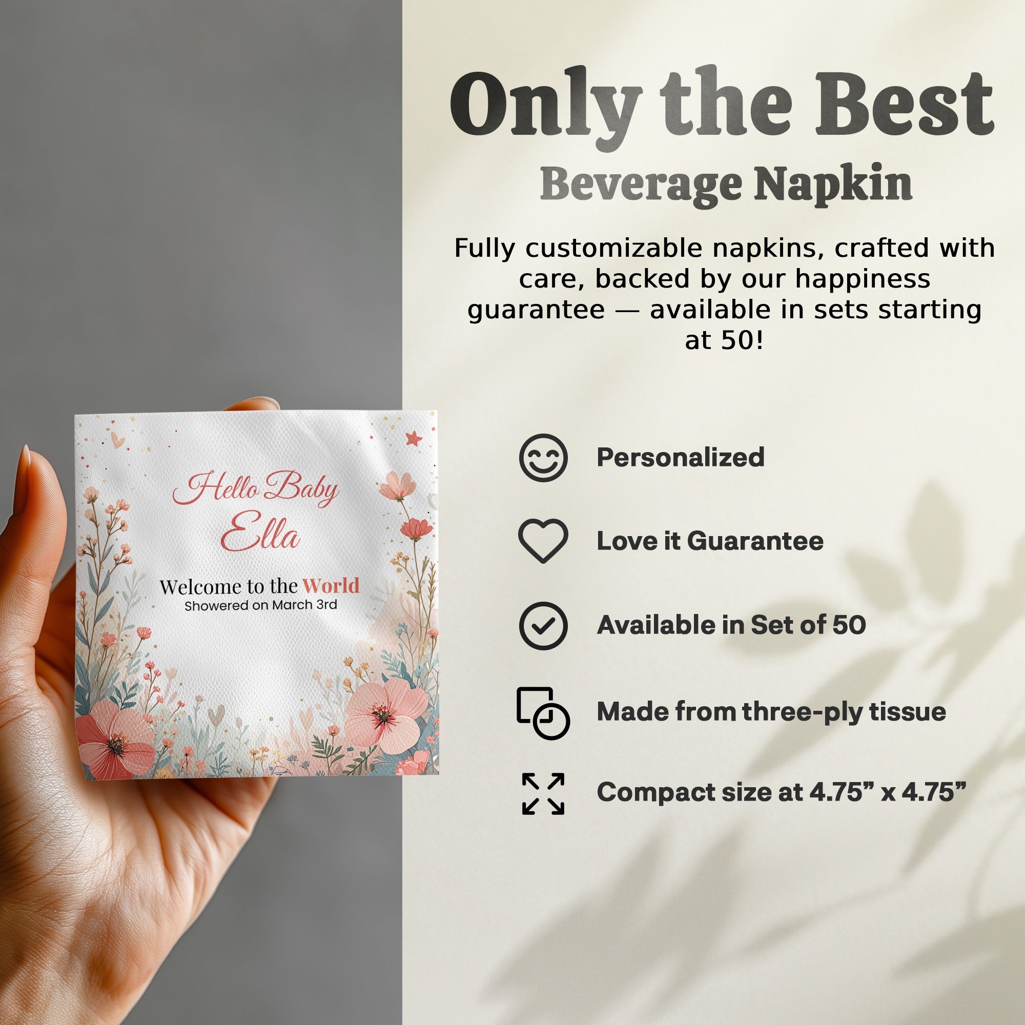Personalized Baby Shower Napkins – Hello Baby – Custom Baby Shower Napkin with Pastel Floral Border – Keepsake Date Line