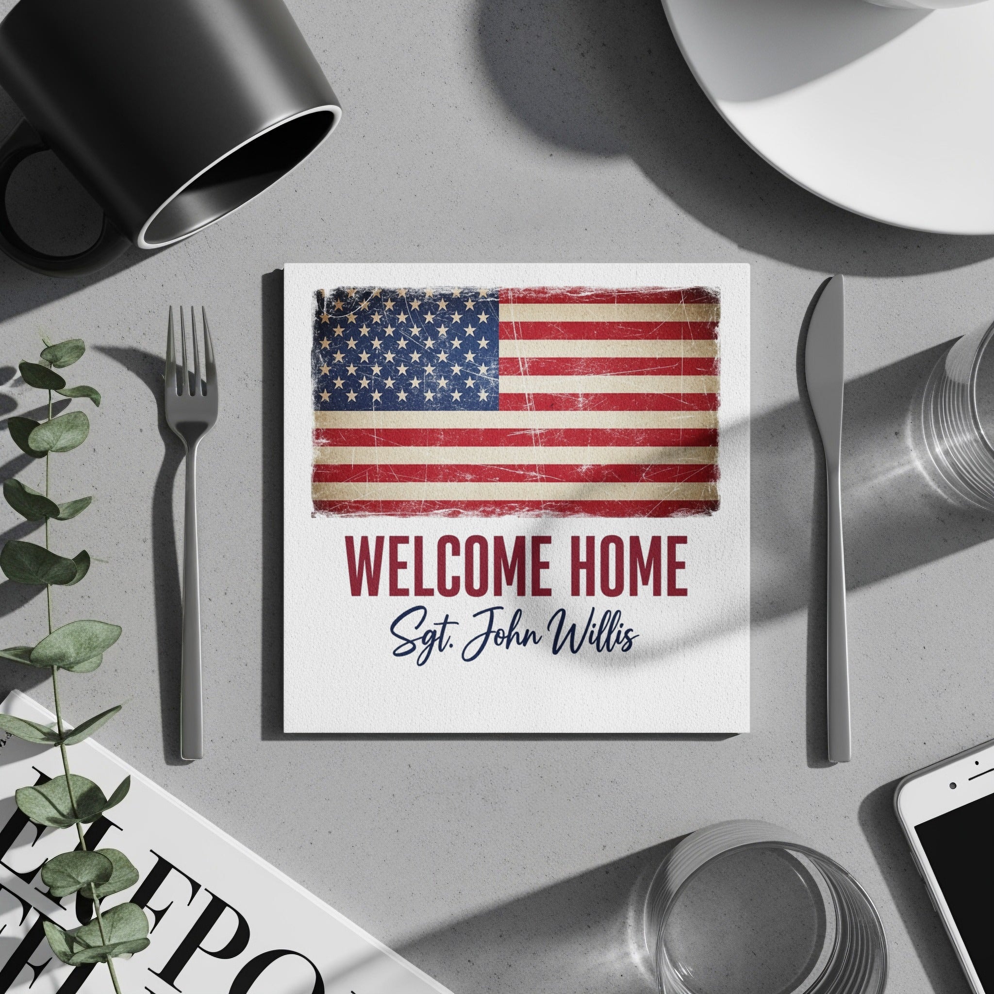 Welcome Home Napkin, American Flag, Sgt John Willis, Patriotic Napkin, Military Napkin, Celebration Napkin, Party Favor