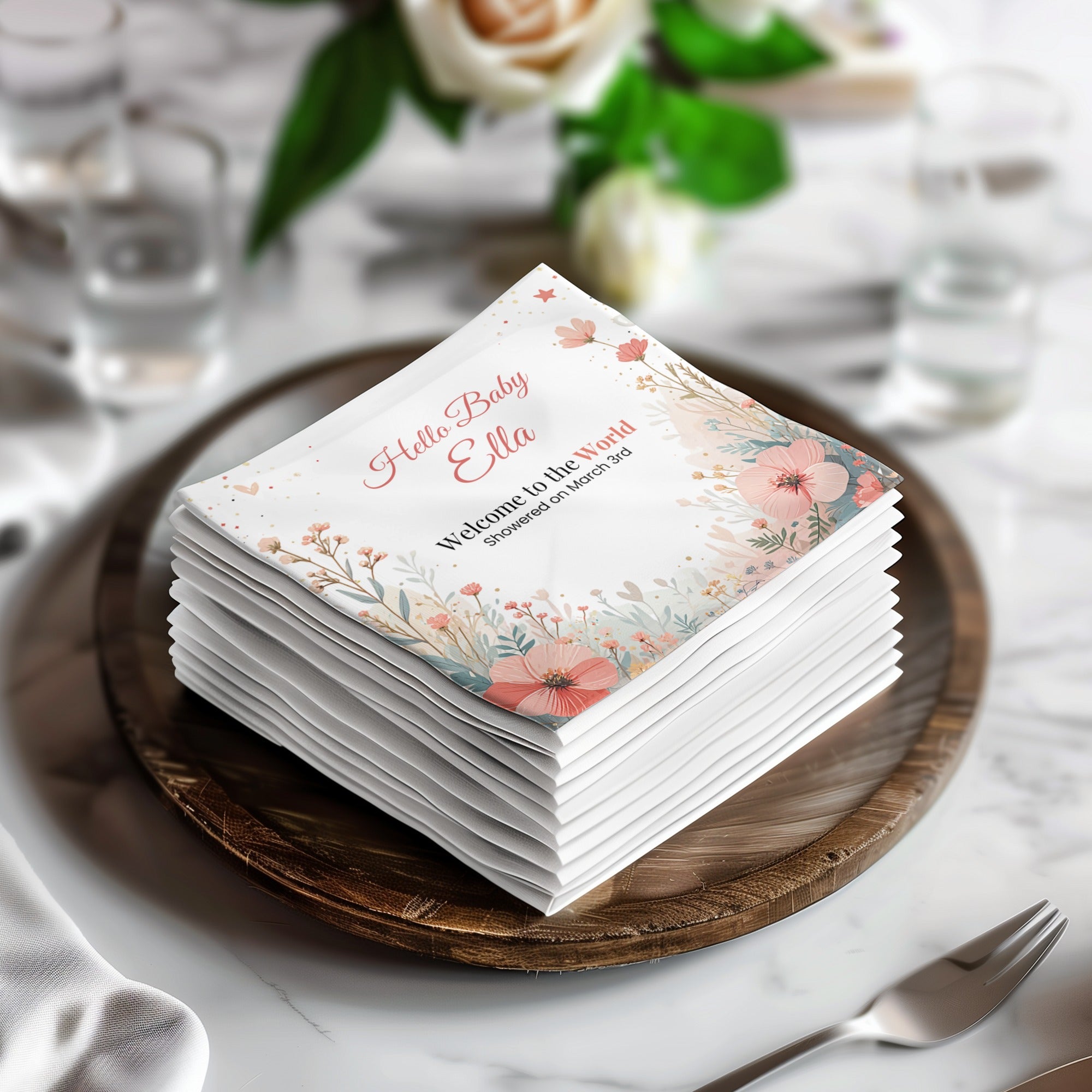 Personalized Baby Shower Napkins – Hello Baby – Custom Baby Shower Napkin with Pastel Floral Border – Keepsake Date Line