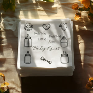 Personalized Baby Shower Napkins – Twinkle Twinkle – Custom Baby Shower Napkin with Black & White Icons – Minimal Nursery Style