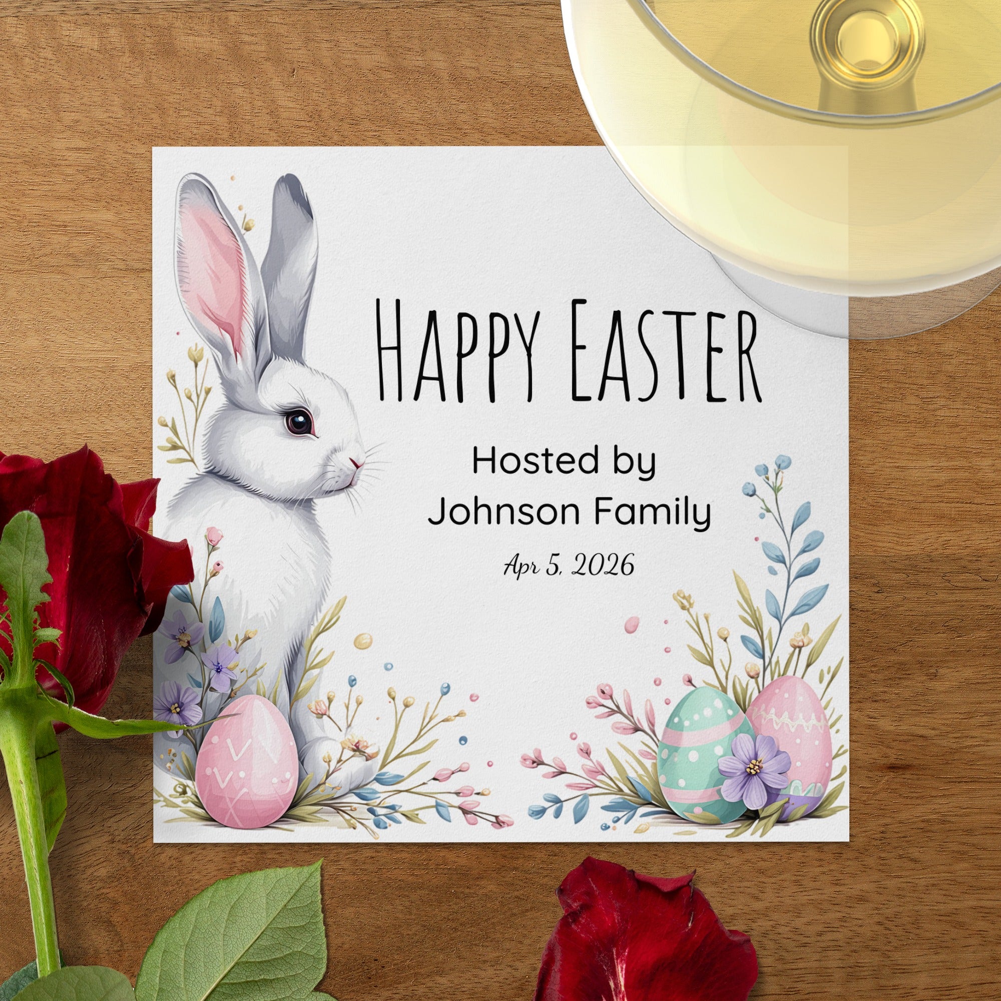 Happy Easter Napkins – Cute Bunny & Pastel Eggs – Personalized Easter Party Napkin