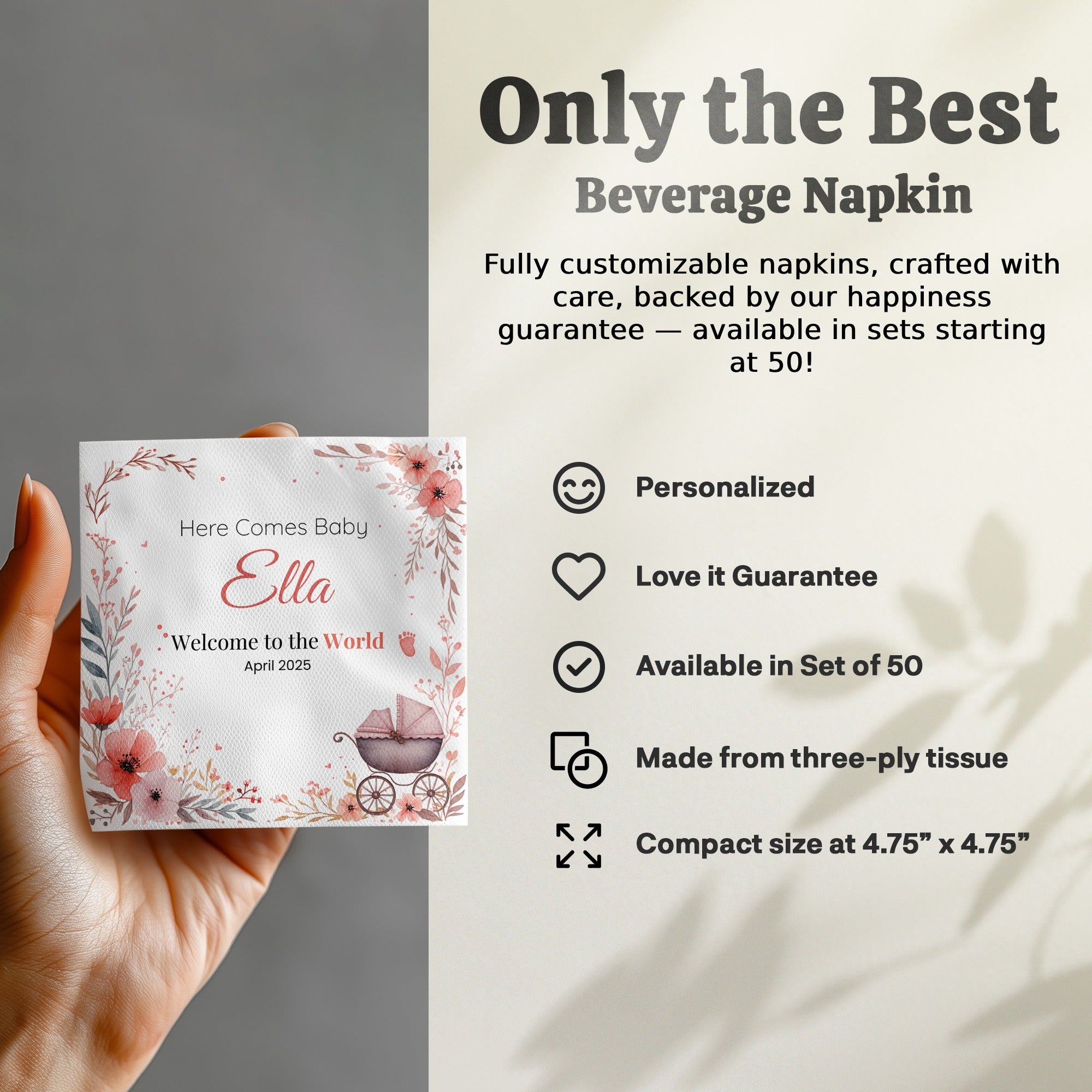 Personalized Baby Shower Napkins – Here Comes Baby – Custom Baby Shower Napkin with Vintage Carriage – Welcome Baby Theme