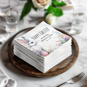 Happy Easter Napkins – Cute Bunny & Pastel Eggs – Personalized Easter Party Napkin