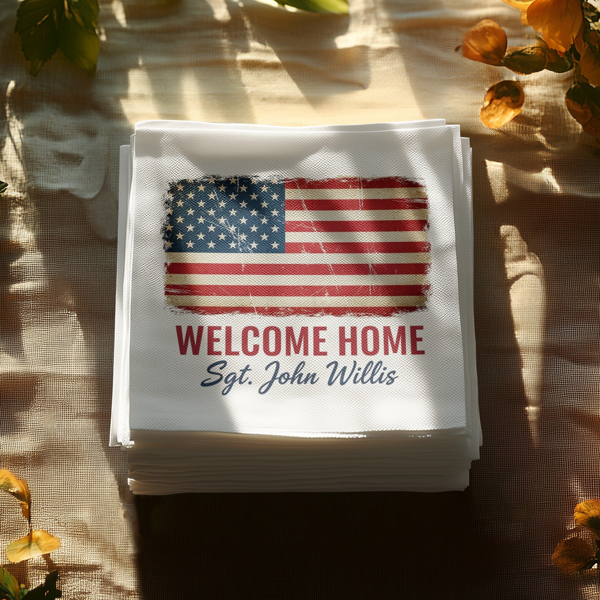 Welcome Home Napkin, American Flag Napkin, Sgt John Willis Napkin, Patriotic Napkin, Military Napkin, Personalized Napkin