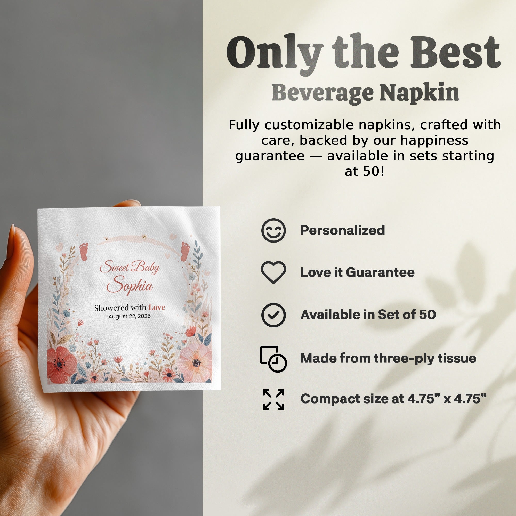 Personalized Baby Shower Napkins – Sweet Baby – Showered with Love – Custom Baby Shower Napkin with Florals & Footprints