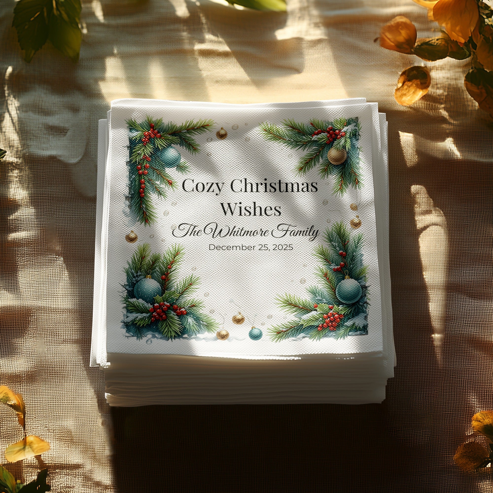 Cozy Christmas Napkins – Personalized Holiday Beverage Napkin with Family Name – Festive Pine & Ornament Design