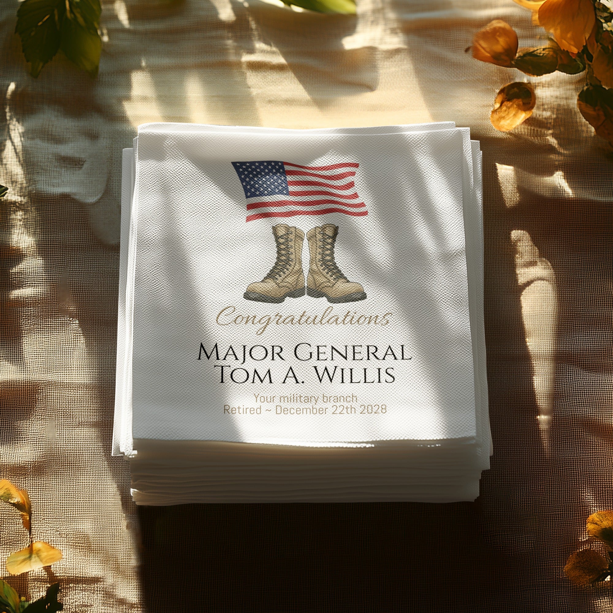Military Retirement Napkin, Personalized Celebration, Patriotic American Flag, Veteran Appreciation Gift, Boots Napkin, Retirement Party