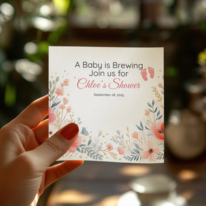 Personalized Baby Shower Napkins – A Baby Is Brewing – Custom Baby Shower Napkin with Florals & Footprints – Whimsical Tea Theme
