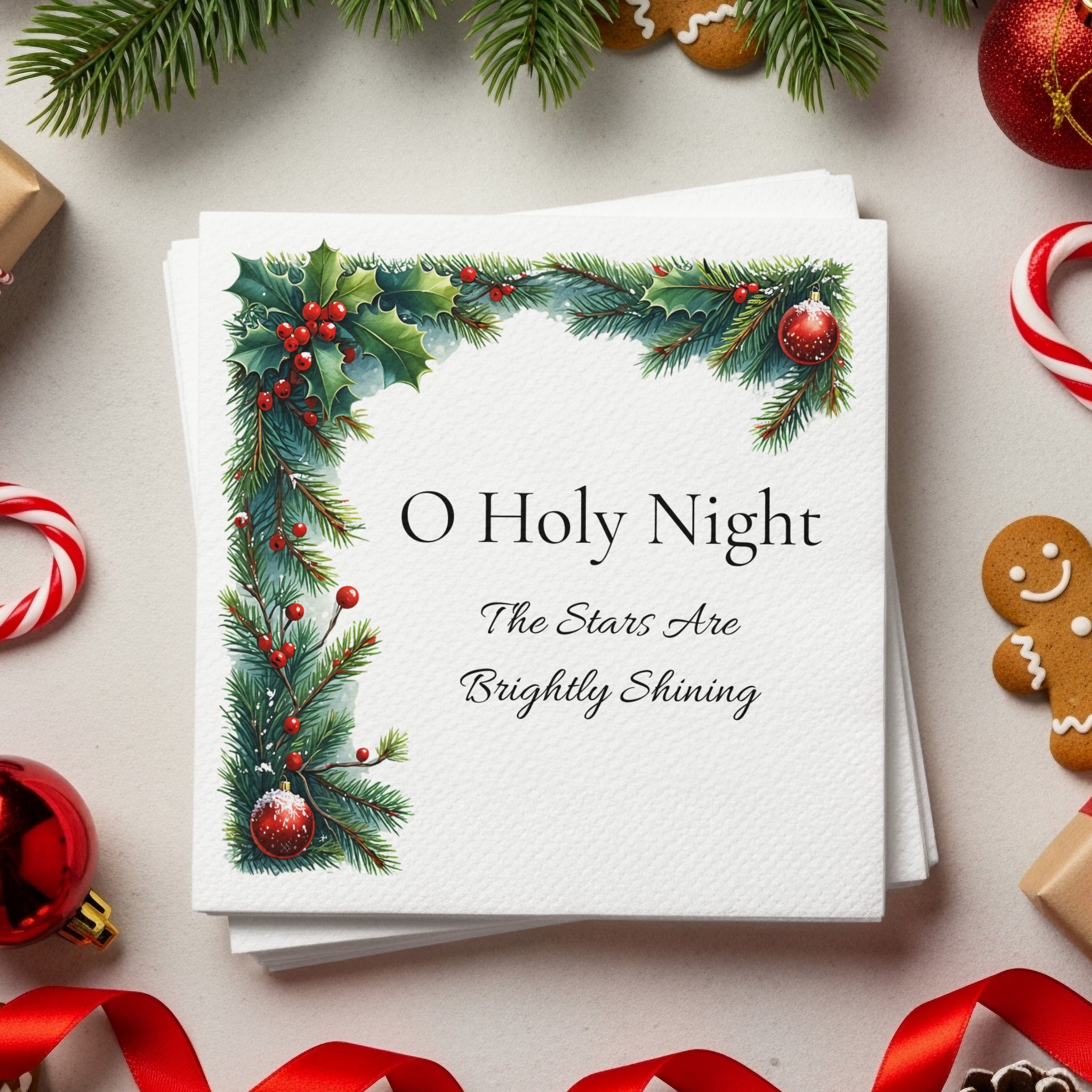 Religious Christmas Napkins – Custom Holiday Beverage Napkin with Quote – O Holy Night Design