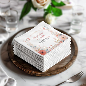 Personalized Baby Shower Napkins – Sweet Baby – Showered with Love – Custom Baby Shower Napkin with Florals & Footprints