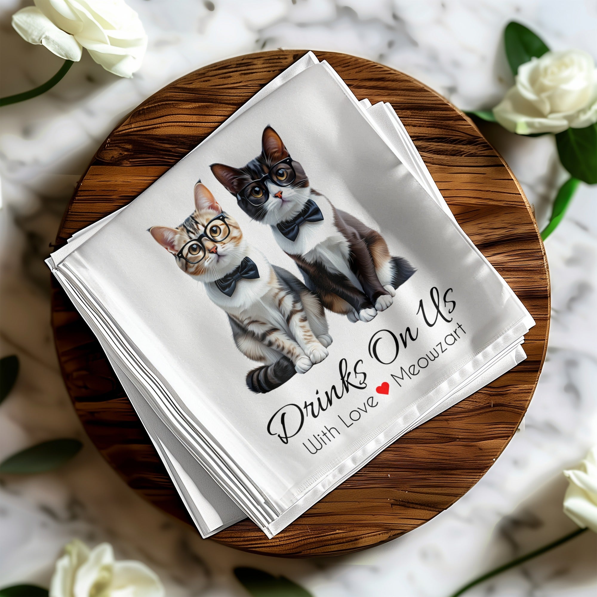 Drinks On Us Napkins, Cats with Bow Ties Napkins, Funny Cats Napkins, Party Napkins, Cocktail Napkins, Unique Table Decor