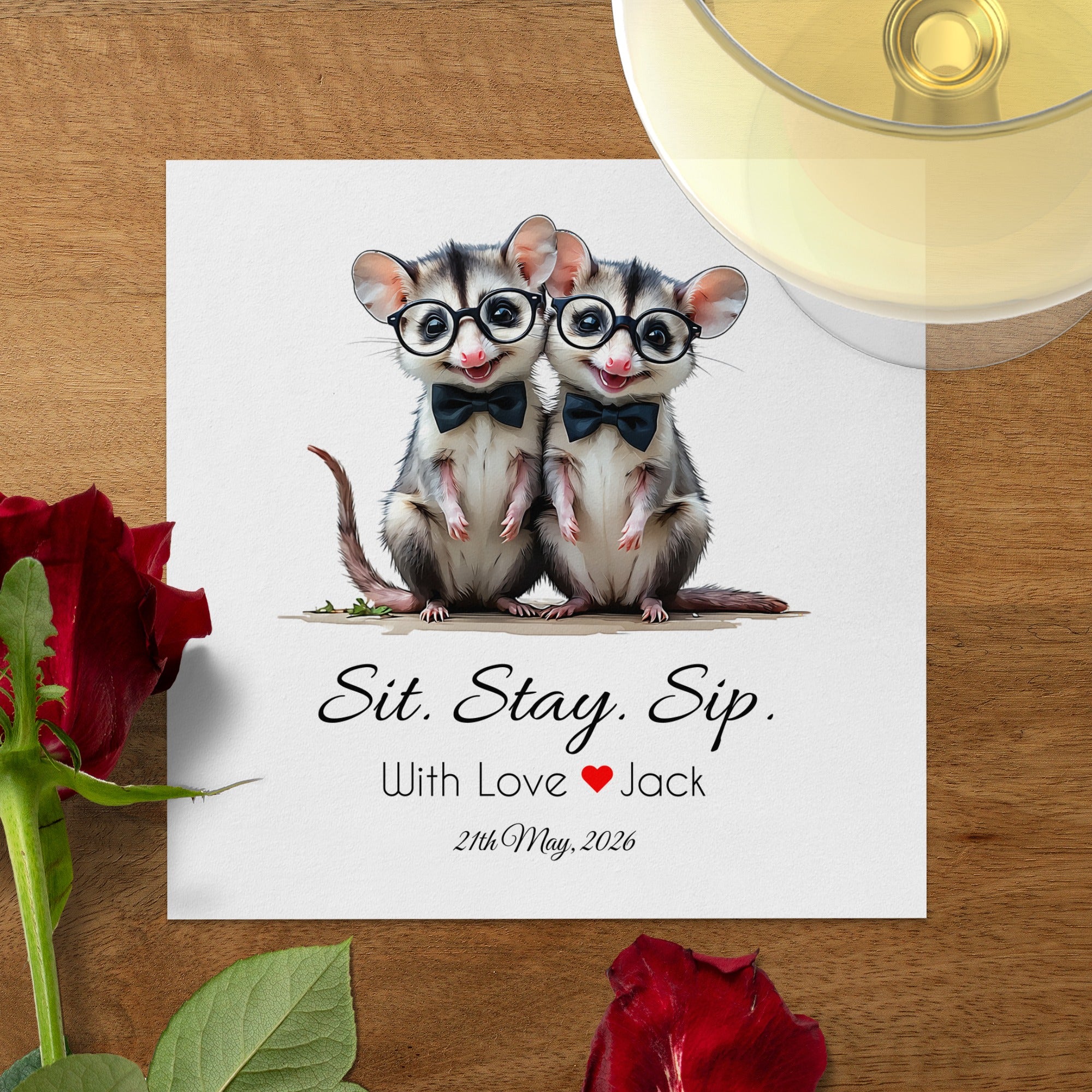 Possum Napkin, Sit Stay Sip Napkin, Animal Napkin, Cute Napkin, Personalized Napkin, Funny Napkin, Wedding Napkin, Event Napkin
