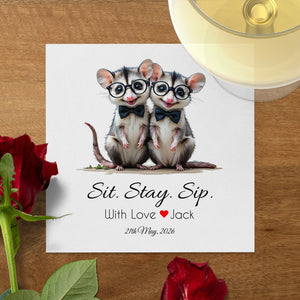 Possum Napkin, Sit Stay Sip Napkin, Animal Napkin, Cute Napkin, Personalized Napkin, Funny Napkin, Wedding Napkin, Event Napkin