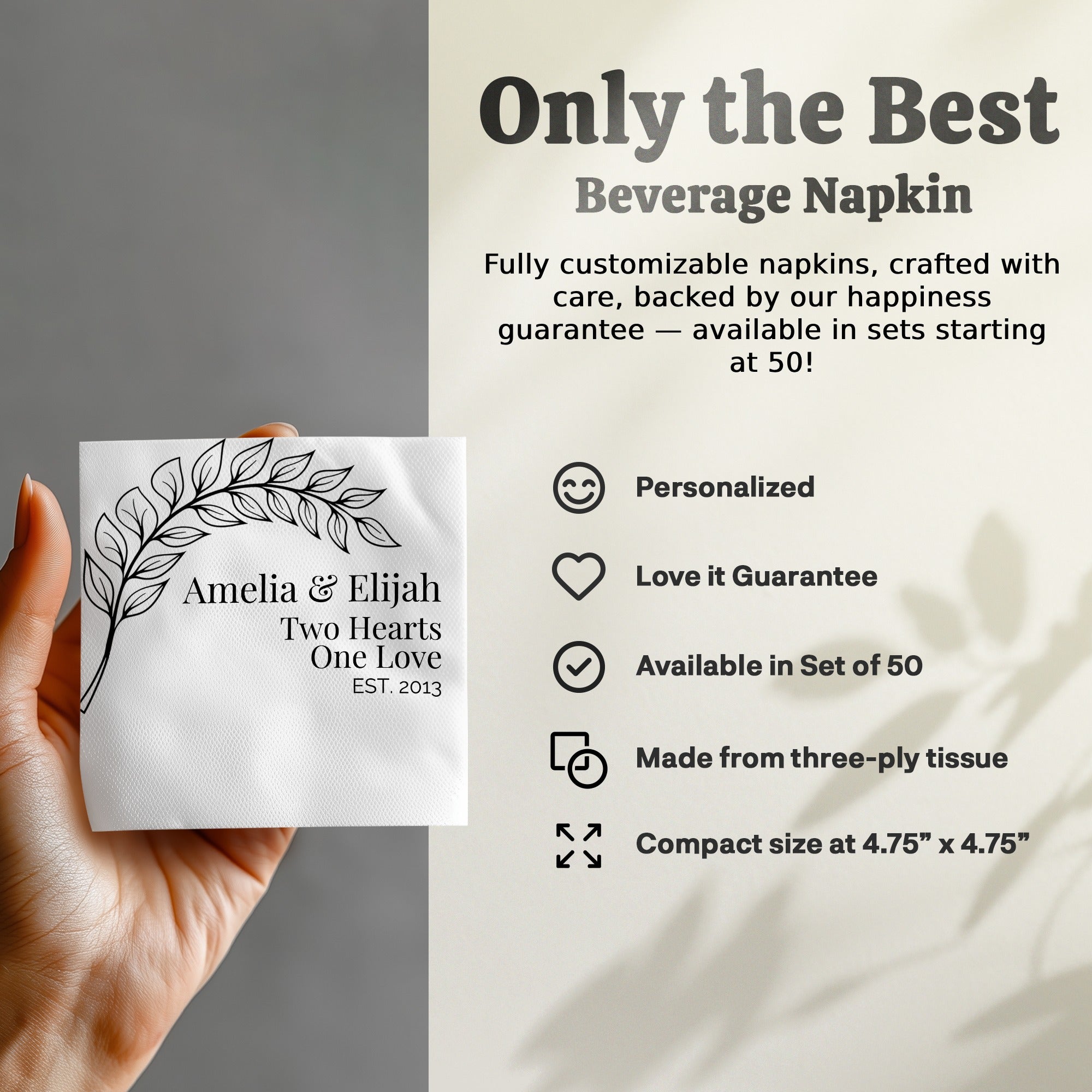 Personalized Wedding Napkins – Two Hearts One Love – Custom Wedding Napkin with Leaf Branch Design – Elegant Black & White Style