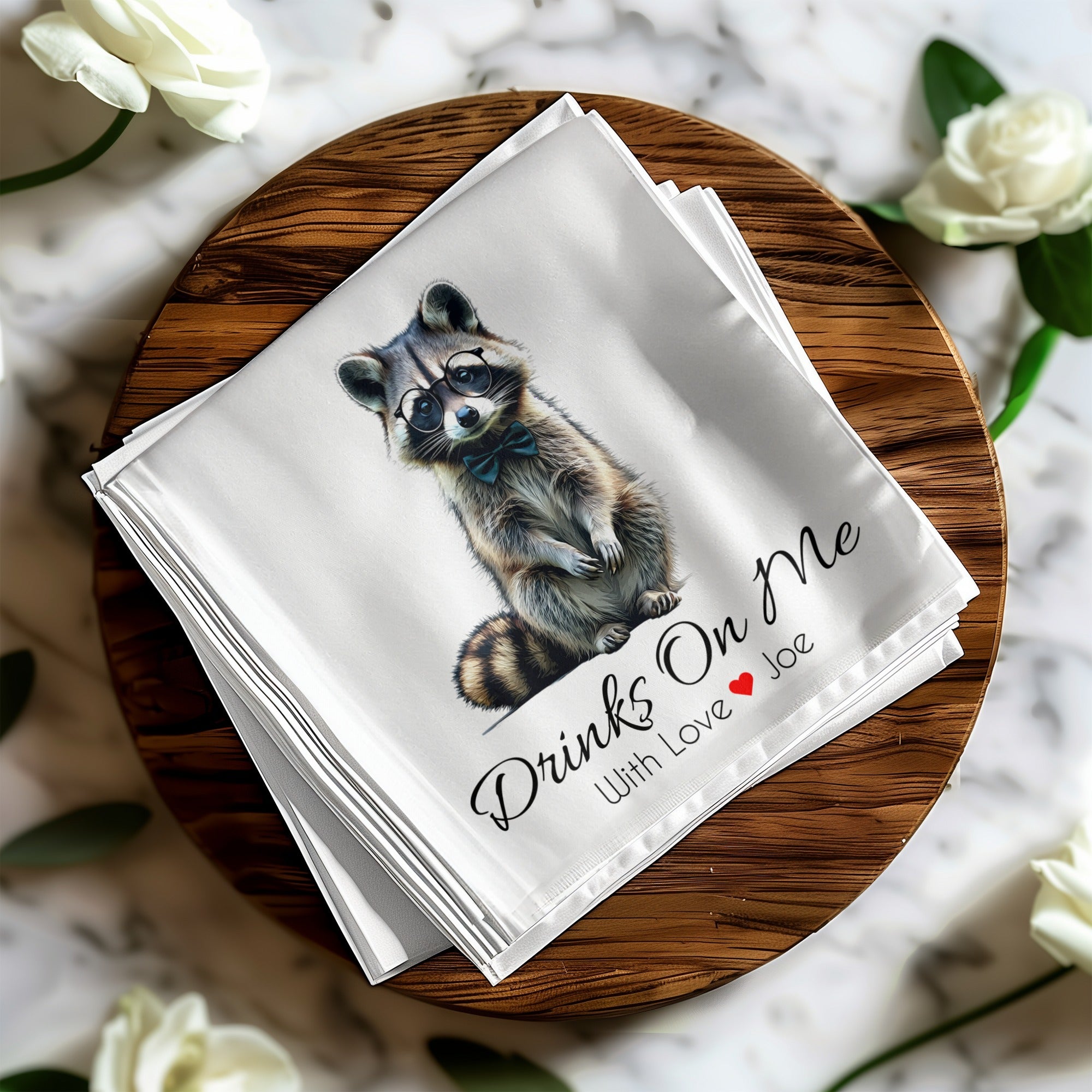 Drinks On Me Napkin, Raccoon Napkin, Animal Lover Gift, Funny Raccoon, Bowtie Napkin, Cute Animal, Party Napkin, Raccoon Art