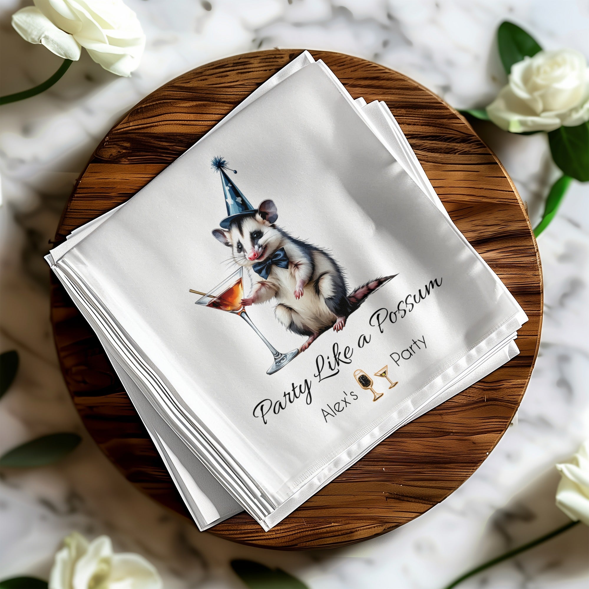 Party Possum Napkin, Cocktail Napkin, Funny Animal Napkin, Birthday Party Decoration, Festive Napkin, Unique Party Favor, Cute Napkin