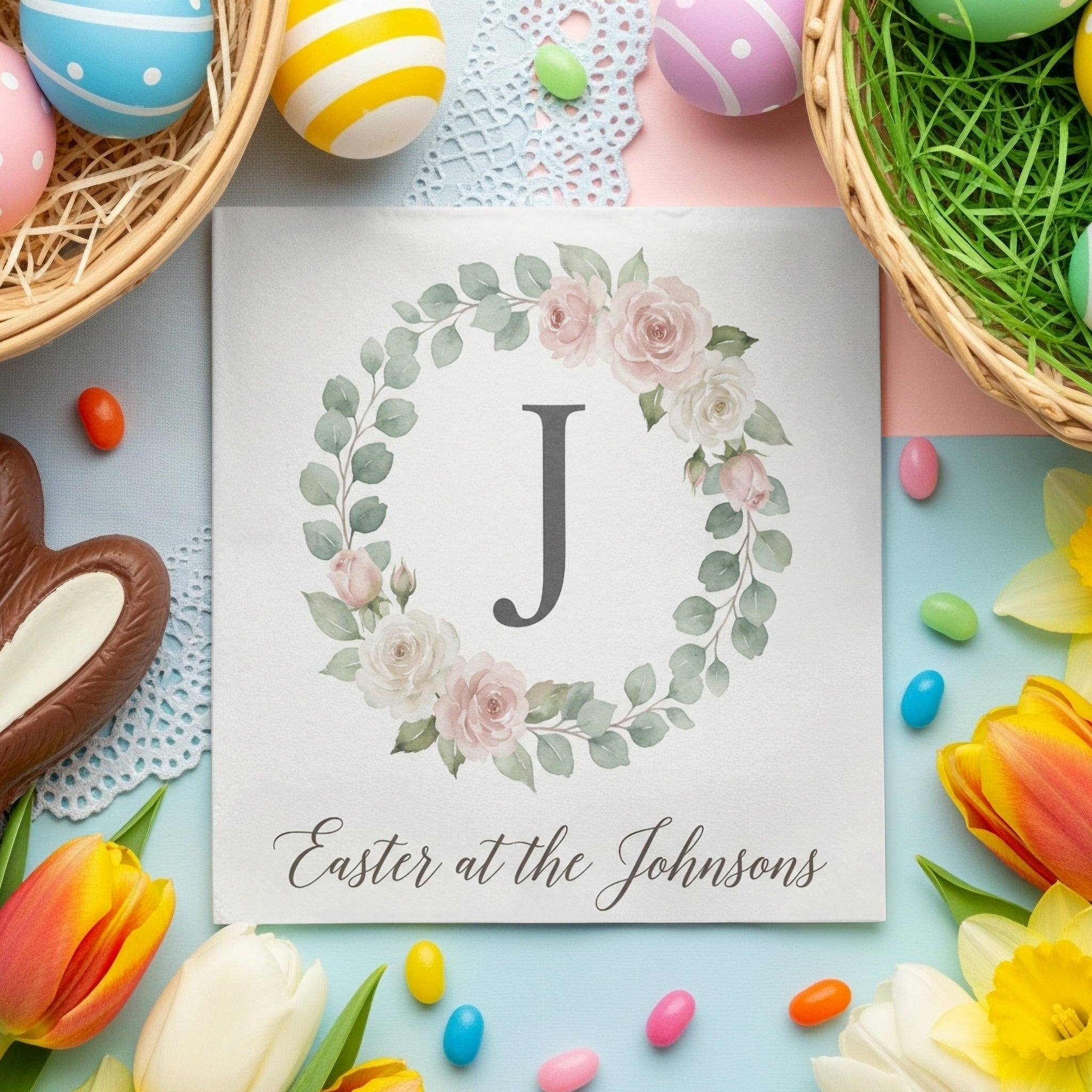 Personalized Easter Cocktail Napkins – Monogram Wreath